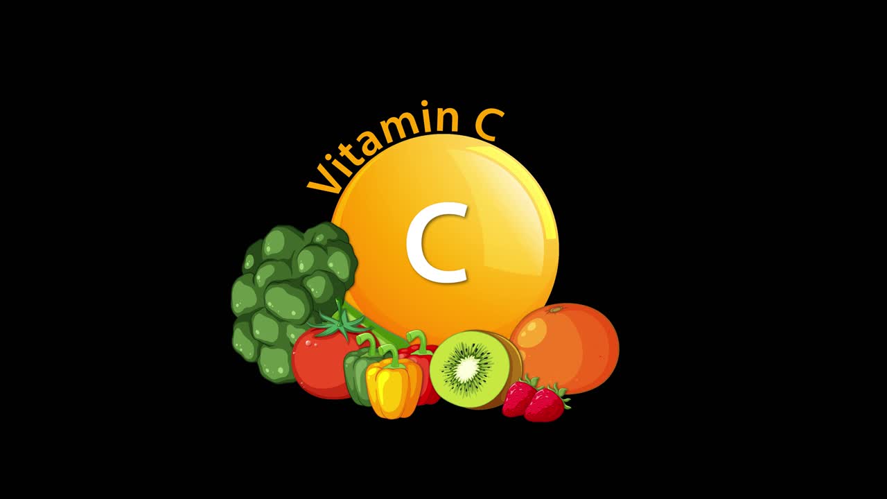 A bright Vitamin C icon animates as fruits and vegetables appear around it on a black background, emphasizing nutrition with smooth, colorful transitions