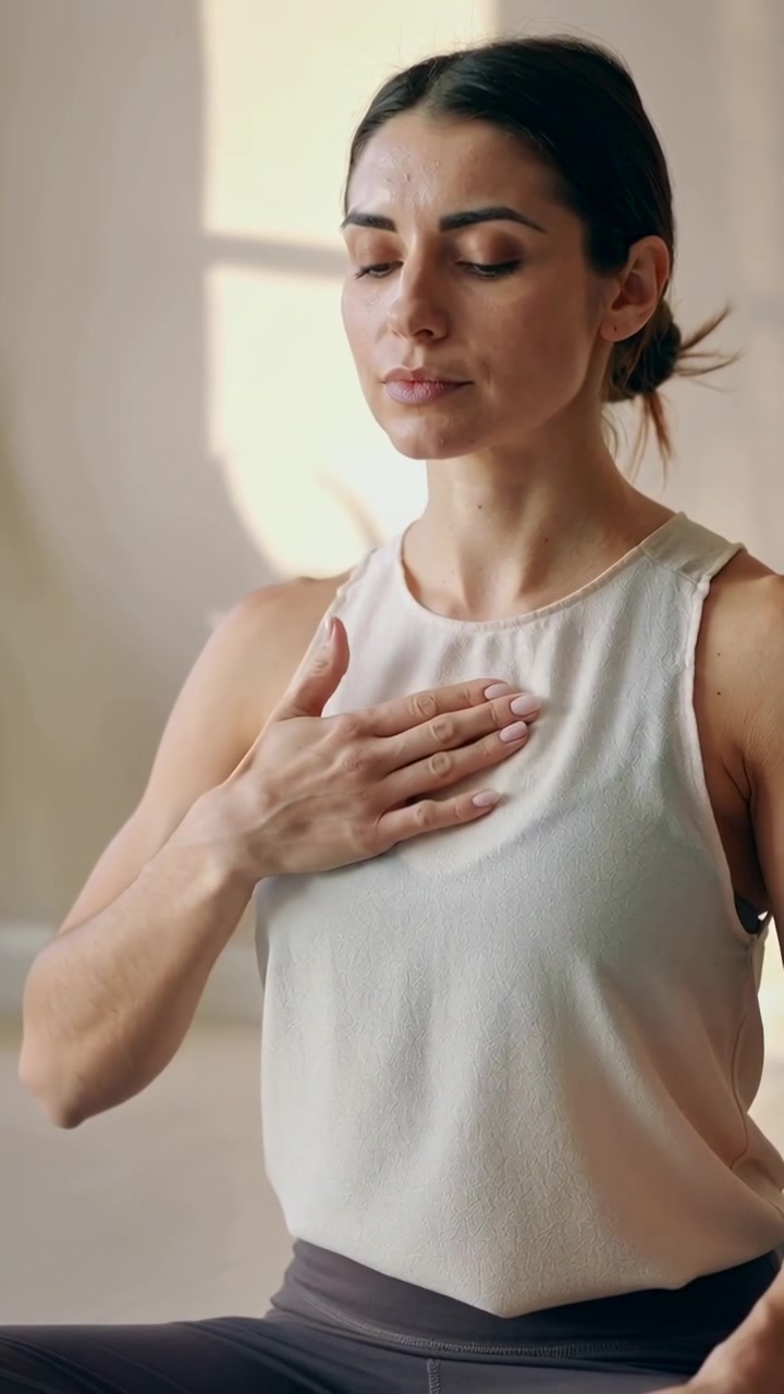 Video verticale: Donna che posa la mano destra sul petto, respira con calma per rilassarsi a casa, indossando una canotta.