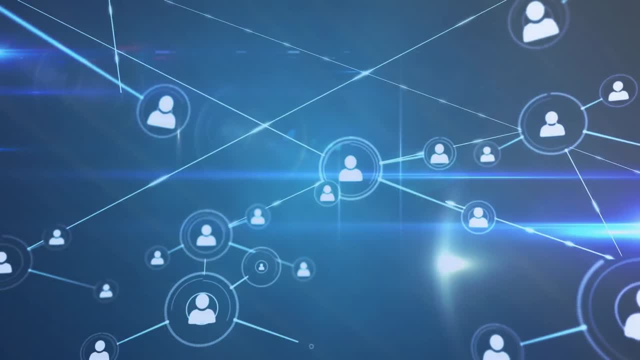 Animation of network of profile icons against light trails on blue background