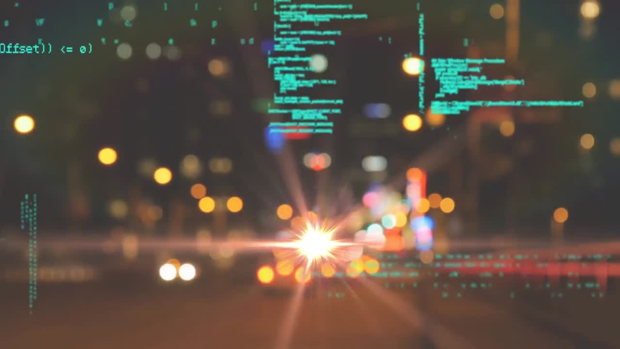 Animation of data processing over out of focus traffic lights in background