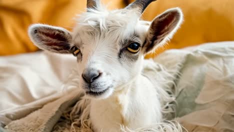 a white goat laying on top of a bed covered in a blanket