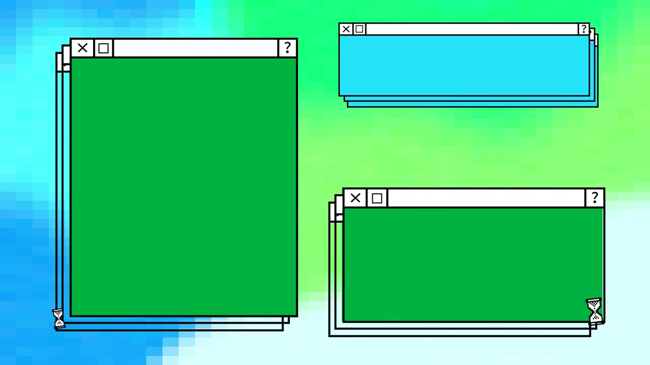 Animation of computer screen windows on green and blue background