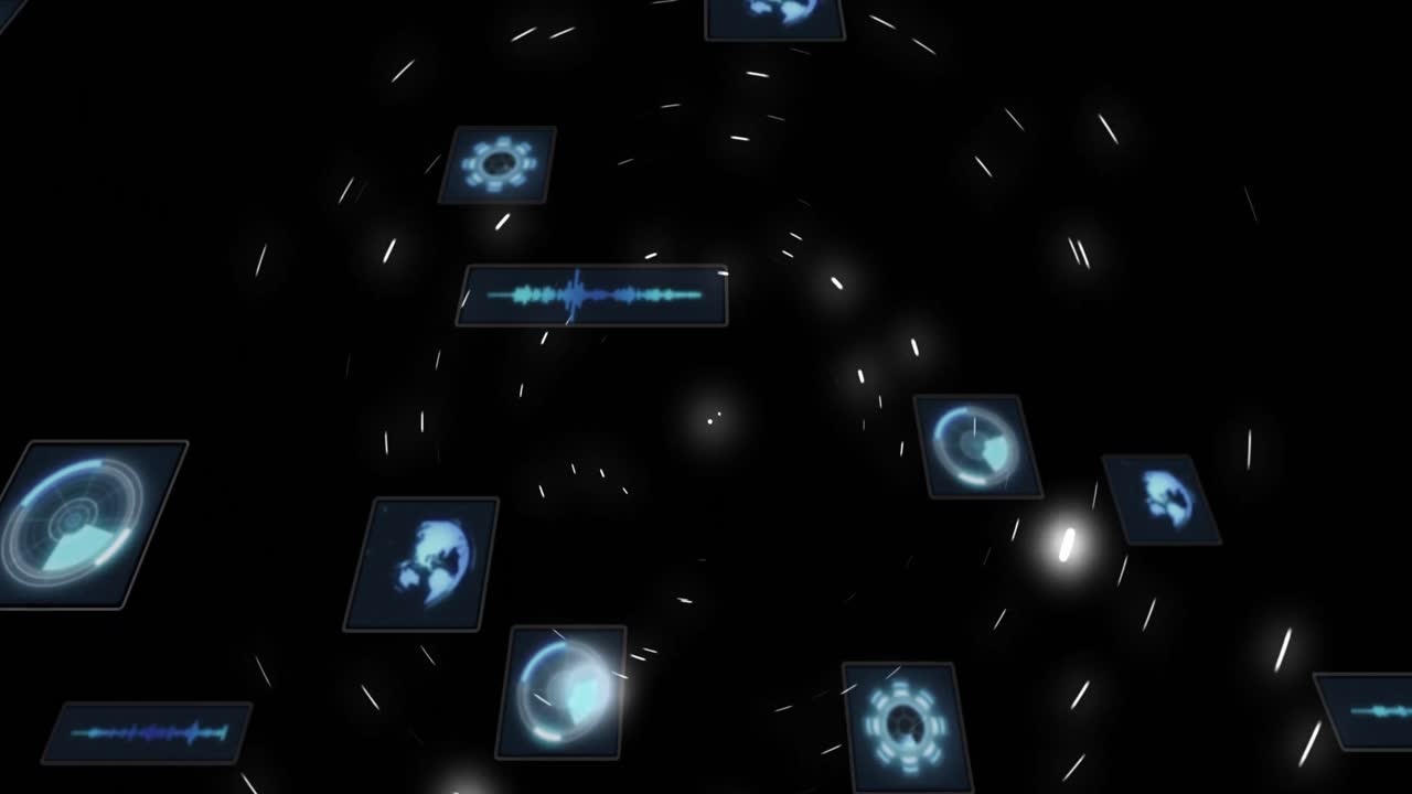 Animation of scopes scanning and data processing on dark background