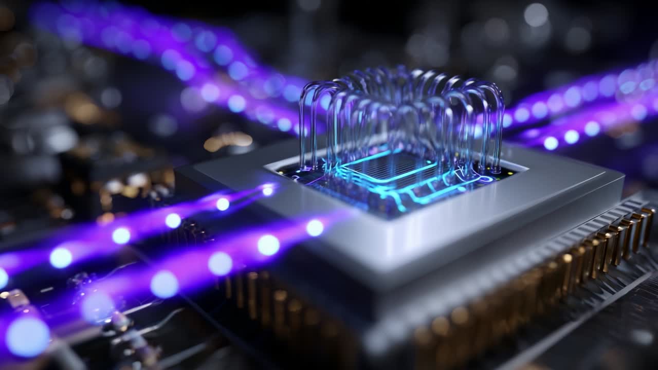 Futuristic Quantum Processor with Pulsing Light Connections and Metallic Components Displaying Advanced Technology Innovations in Computing and Information Processing Efficiency