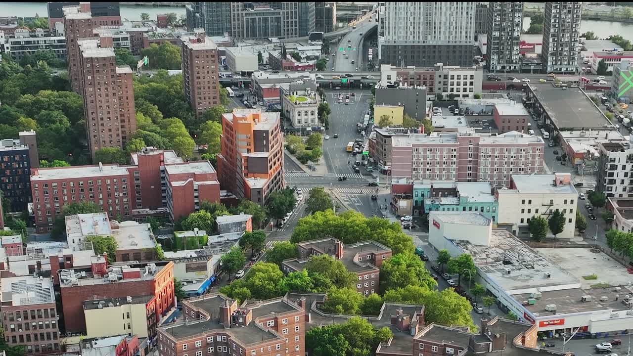 Urban landscape of New York captured from a drone in bright daylight