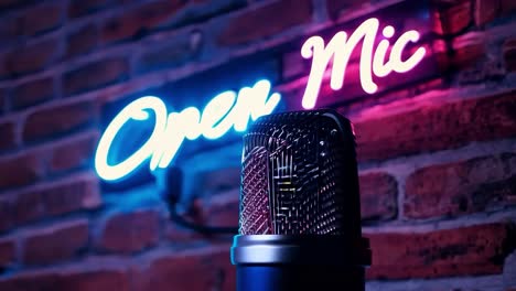 microphone standing in front of a neon open mic sign, creating an inviting atmosphere for performers in a vibrant nightclub