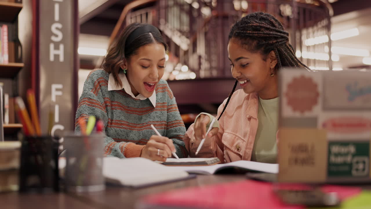 Two students studying together in the library