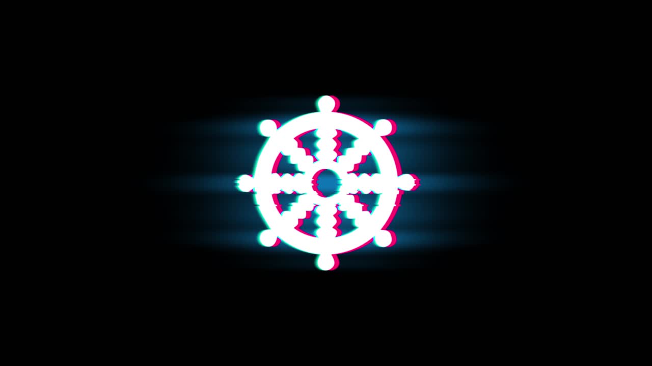 Wheel of dharma buddhism religion symbol on glitch led screen retro vintage display animation 4k