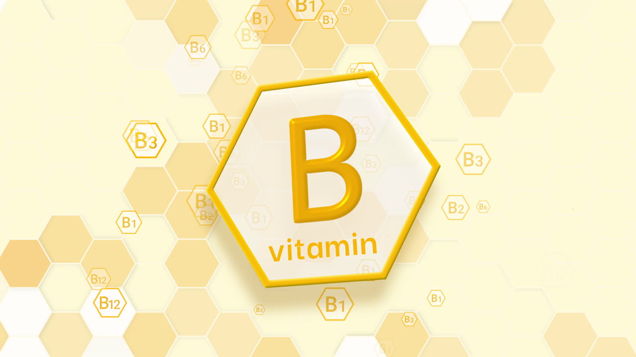 3D icon Vitamin B in shine gold hexagon shape on hexagonal grid. Loop animated scientific yellow background.