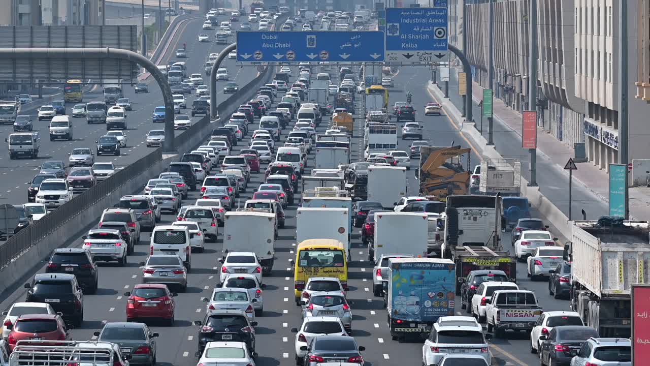 Slow-moving traffic on Sheikh Mohamed bin Zayed Road heading towards Dubai from Sharjah National Paints in the UAE