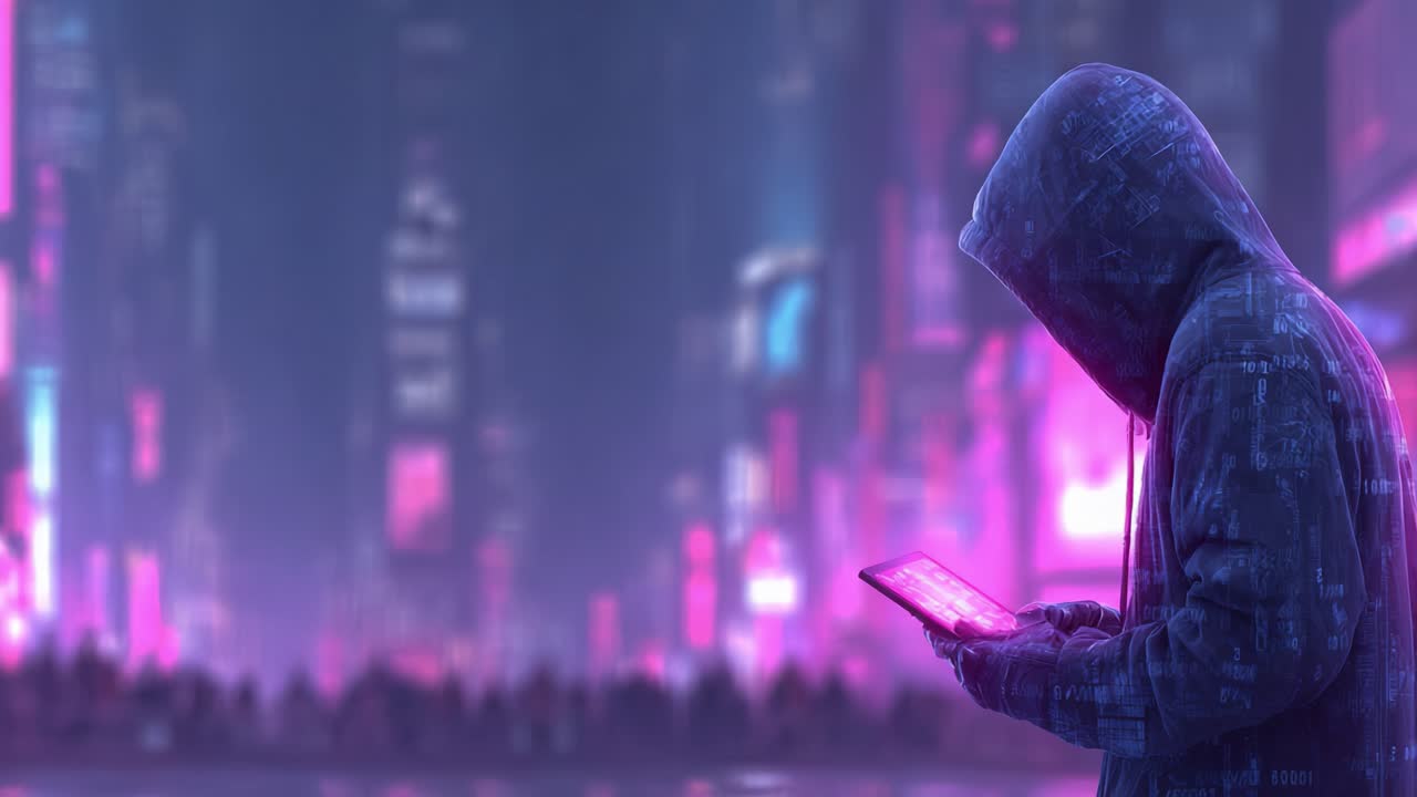 A solitary figure in a hooded jacket intently engages with a glowing device in a vibrant, neon-lit cityscape, enhanced by digital patterns and an enigmatic atmosphere