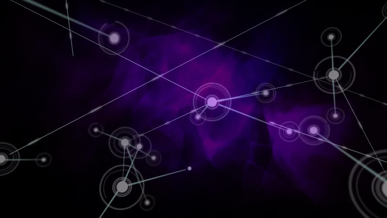 Showing abstract glowing nodes floating in interconnected rings with thin lines over purple nebula