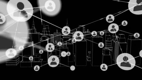 Animation-of-network-of-connections-with-icons-over-3d-city-drawing