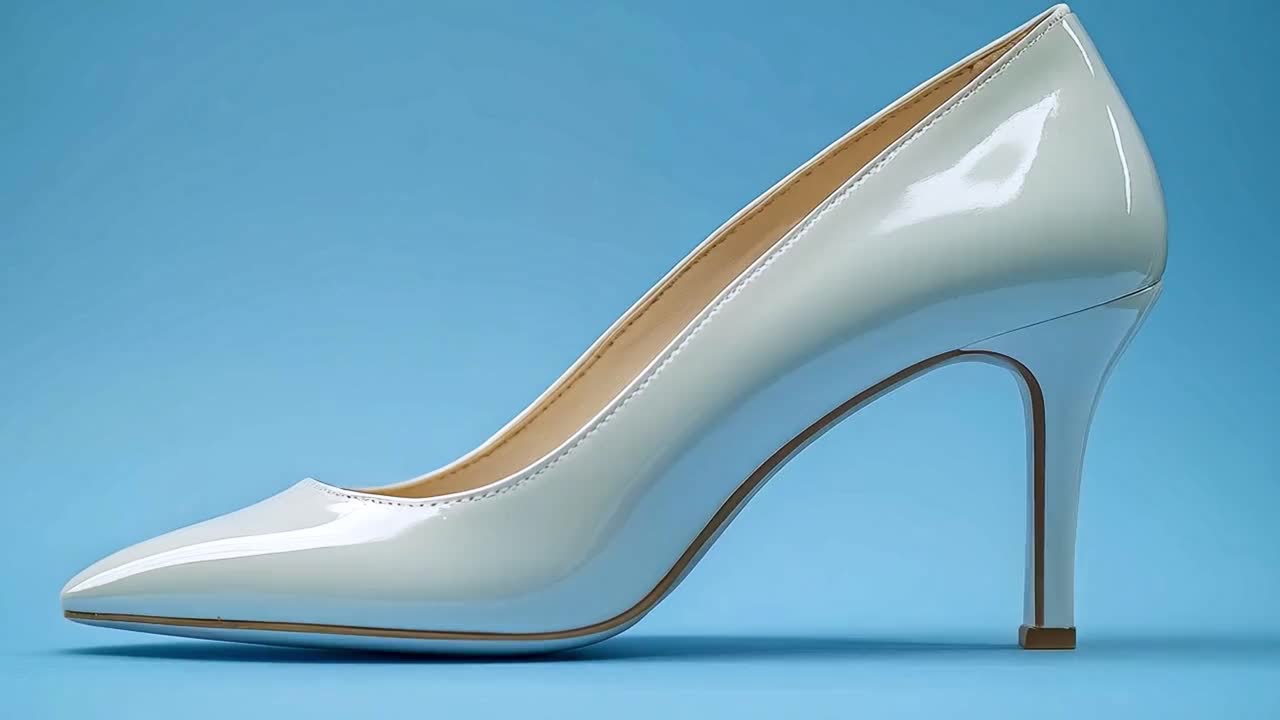 Elegant White Patent Leather High Heel Shoe on Blue Background