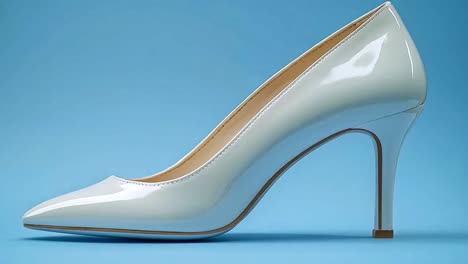 elegant white patent leather high heel shoe on blue background