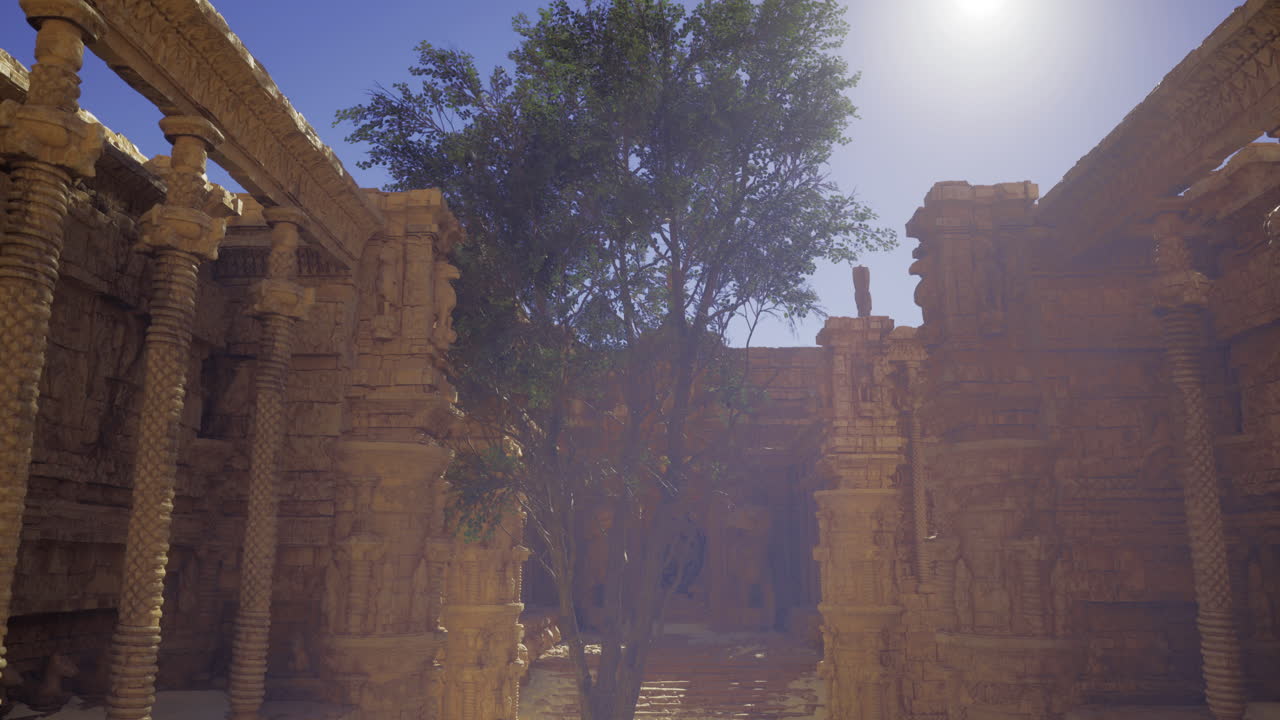 Ancient temple ruins surrounded by greenery under bright sunlight in india