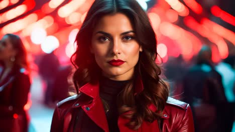 a woman in a red leather jacket standing in front of a crowd