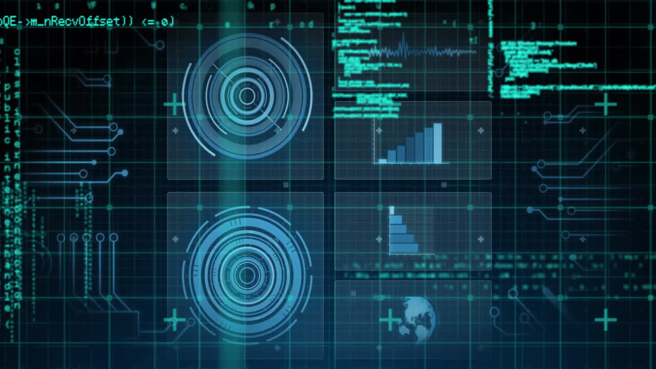 In school, animation of futuristic digital interface with data charts and graphs