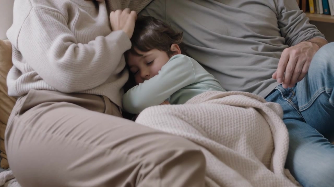 Madre rassicurante con un maglione color cammello che accarezza la testa del bambino e lo calma dopo essersi spostato sul divano, con una coperta a maglia.
