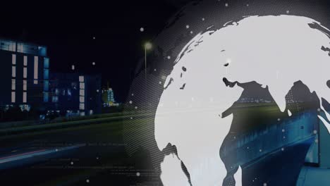 animation of globe and financial data processing over cityscape