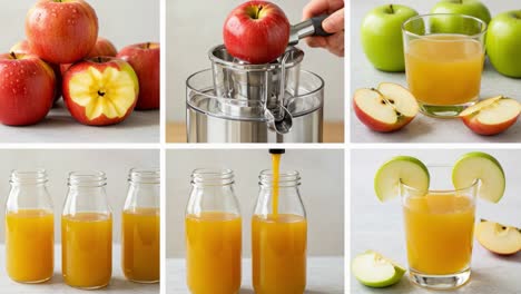 creating fresh apple juice: a step-by-step guide from whole apples to delicious sips, capturing the process from start to finish with various apple types