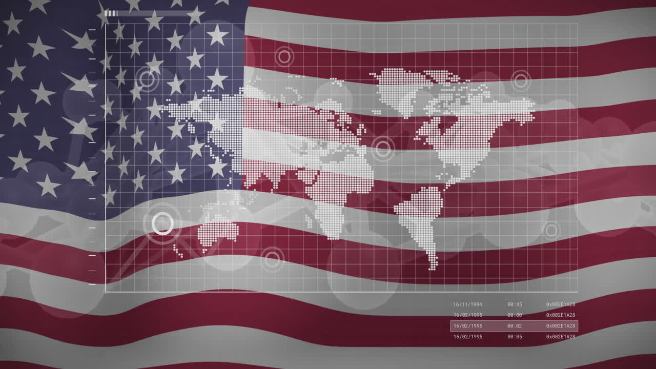Overlaying data points on world map with American flag in animation style