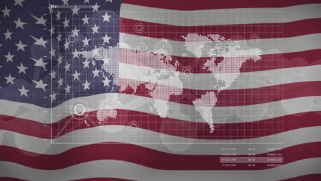 overlaying data points on world map with american flag in animation style
