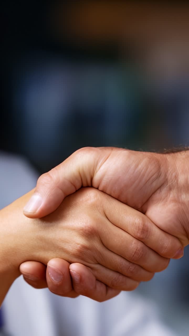 Due mani strette in una stretta di mano, che simboleggiano accordo, partnership e rispetto reciproco, con uno sfondo sfocato che crea un'atmosfera professionale e accogliente