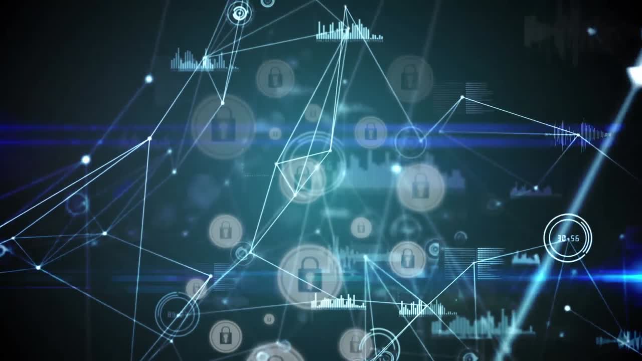 녹색 배경에 여러 보안  ⁇ 락 아이콘을 통해 연결 네트워크의 디지털 애니메이션