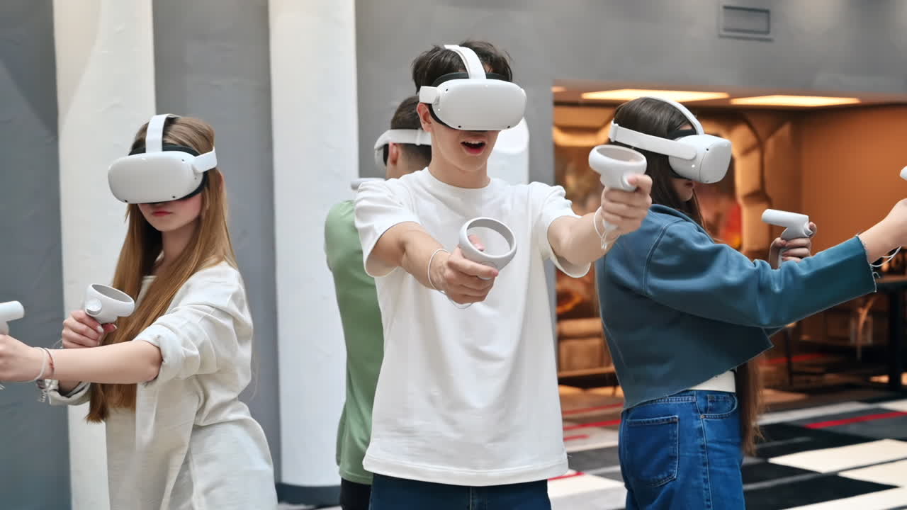 Quattro adolescenti con visori VR e controller che giocano in team in un'arena VR. Rallentatore