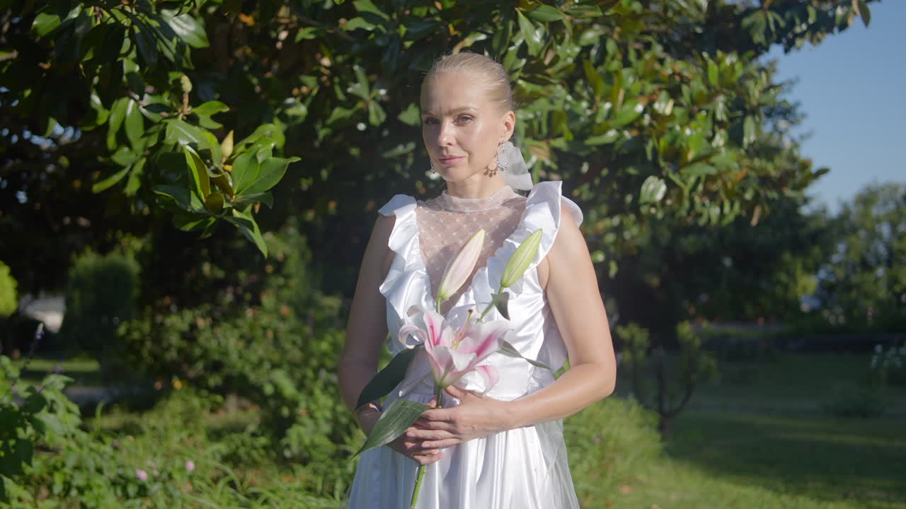 정원 에서 릴리 꽃다발 을 가진 색 웨딩 드레스 를 입은 여자