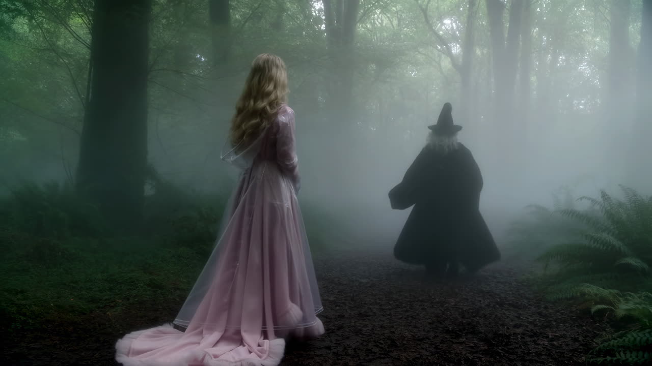 Una donna con un vestito rosa incontra una strega in una foresta nebbiosa