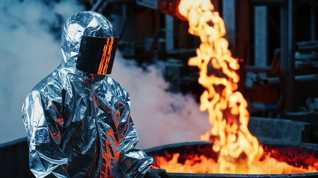Arbejder i beskyttelsesudstyr observerer smeltet metal