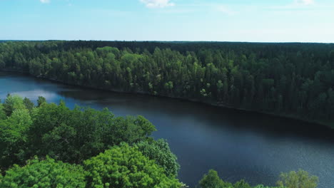 Drone-moving-forward-along-a-Swedish-dark-blue-river-surrounded-by-green-forest-on-a-summer-day