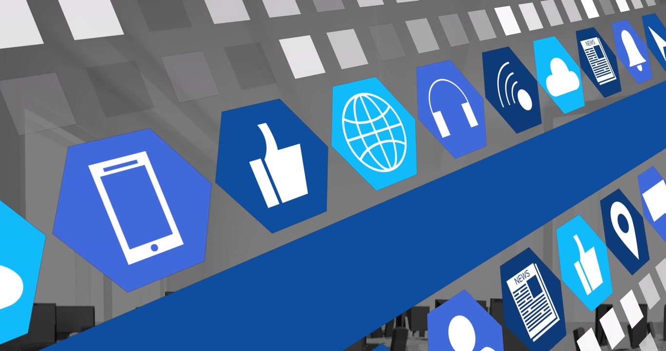 Animation of social media icons over office desks with computers