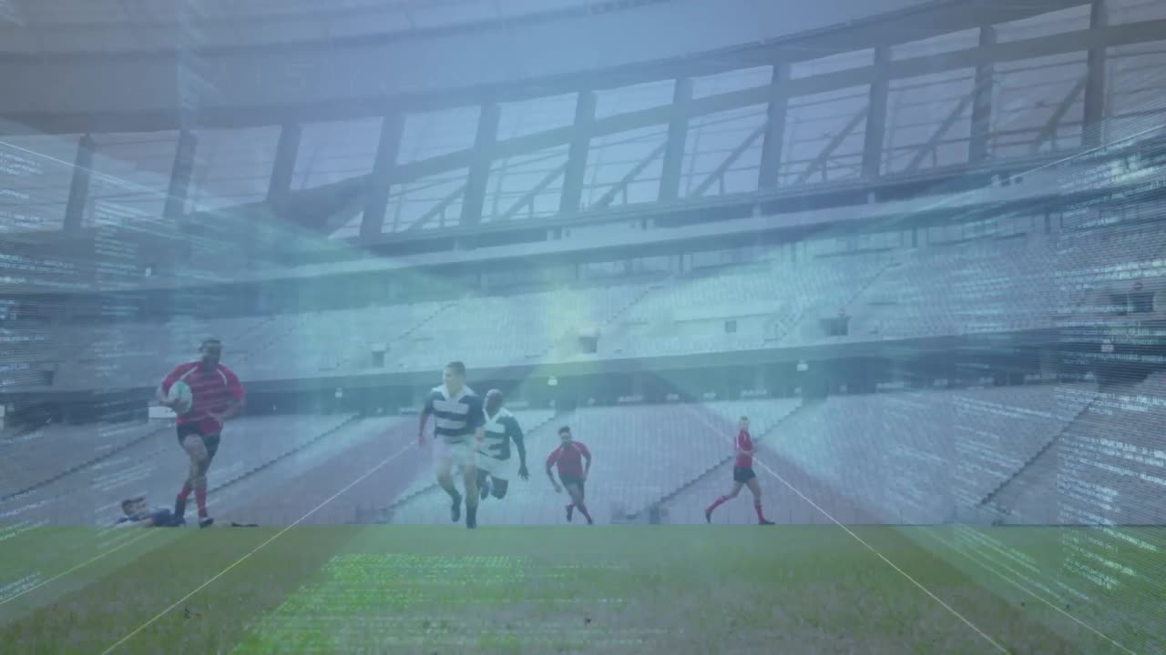 스타디움에서 럭비 선수들에 대한 데이터 처리 애니메이션