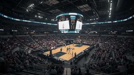 an engaging basketball game atmosphere captured in a packed stadium: fans eagerly await the final plays with intense focus and enthusiasm