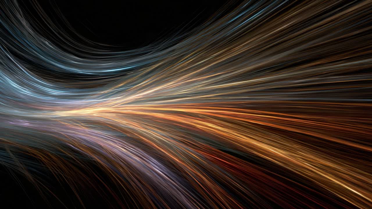 Luminous warm and cool colored energy strands flowing and twisting gracefully across a dark background, creating a dynamic and fluid abstract visual representation of light, data, or energy flow