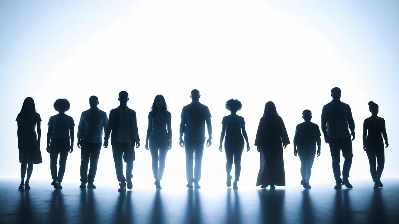Silhouette of a diverse group of people standing in a row against a bright white background