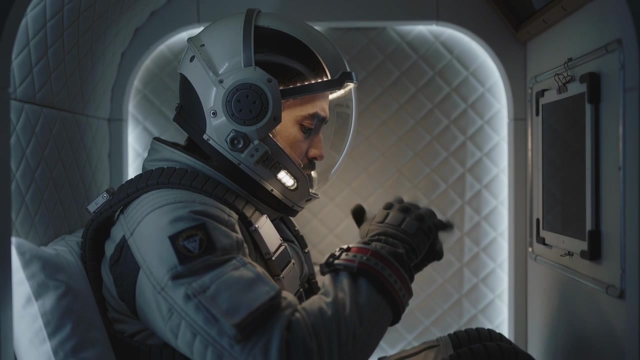 Visor glow causing suited astronaut in cabin turning head checking wrist unit preparing for hatch