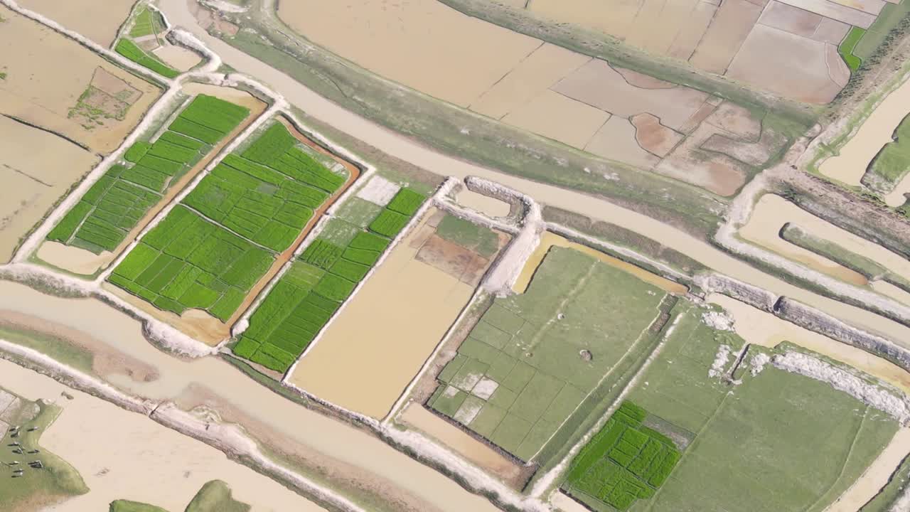 Water from muddy river is directed to farmland for crop irrigation Aerial Shot