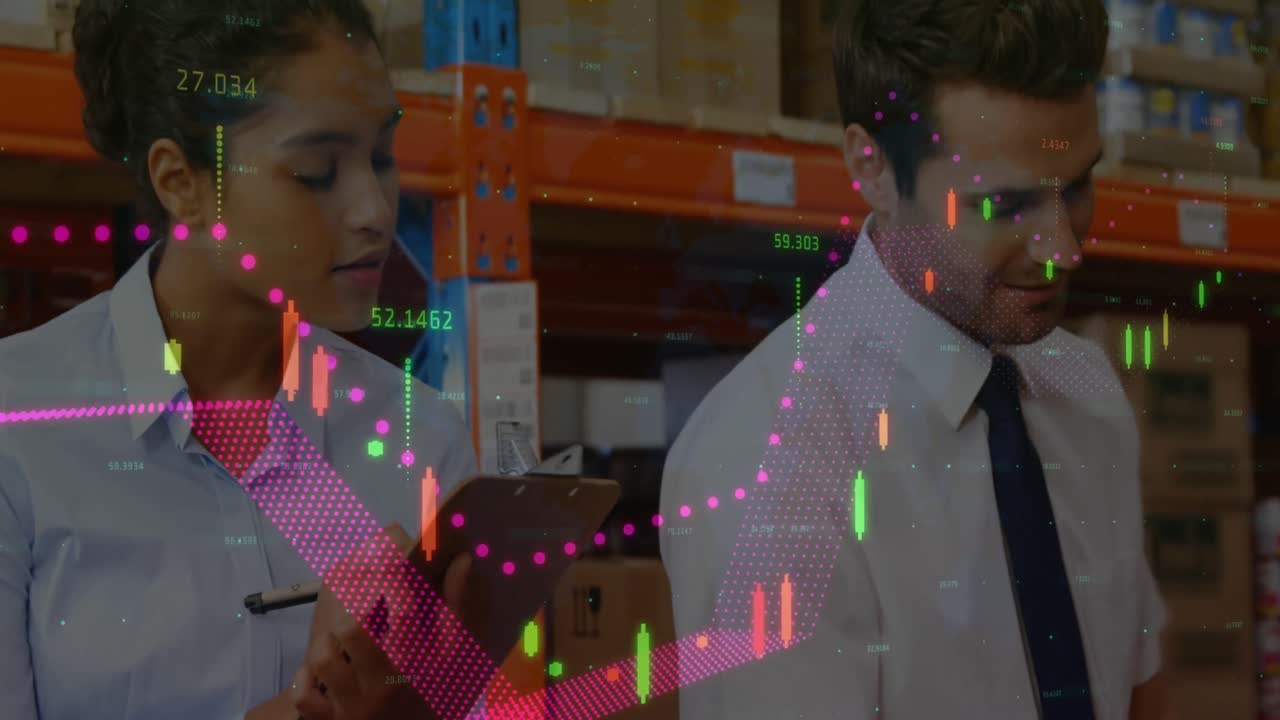 Animation der Finanzdatenverarbeitung über arbeitenden Menschen in einem Lagerhaus.