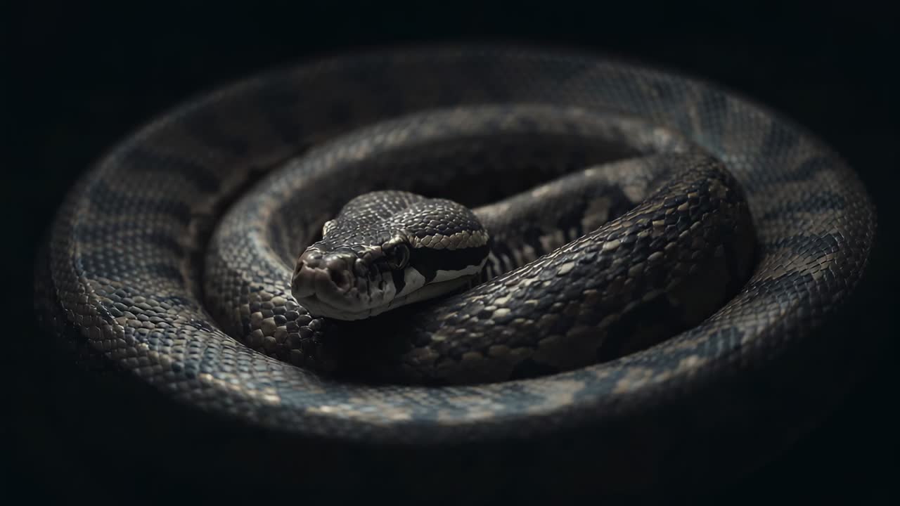 Reazione a spasmo muscolare, serpente a motivi arrotolati che solleva la testa a destra su base opaca sotto la luce dall'alto