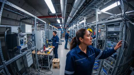 technicians engaged in maintenance and monitoring of advanced network equipment in high-tech facility with complex wiring and server racks
