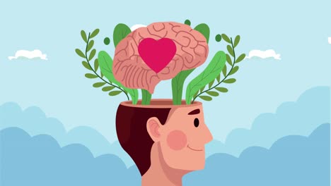 geestelijke gezondheid animatie met man profiel en hart in de hersenen