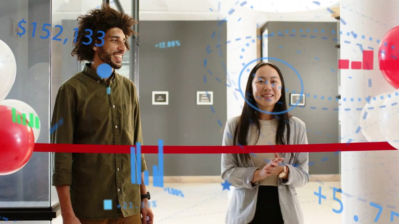 Vertical video: Woman starting talking man smiling blue charts hiding faces hosting red ribbon ad