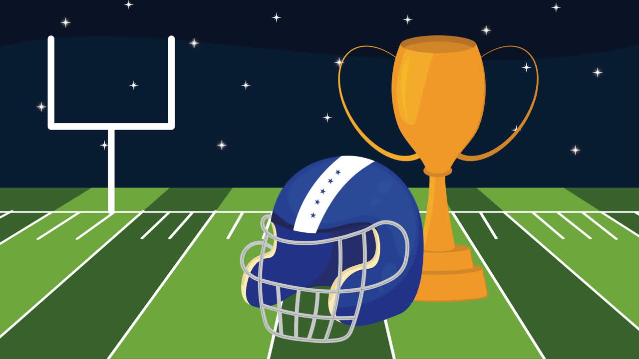 야간 경기장에서 미국 축구 트로피와 헬