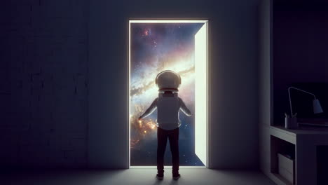astronaut standing at a doorway overlooking a galaxy