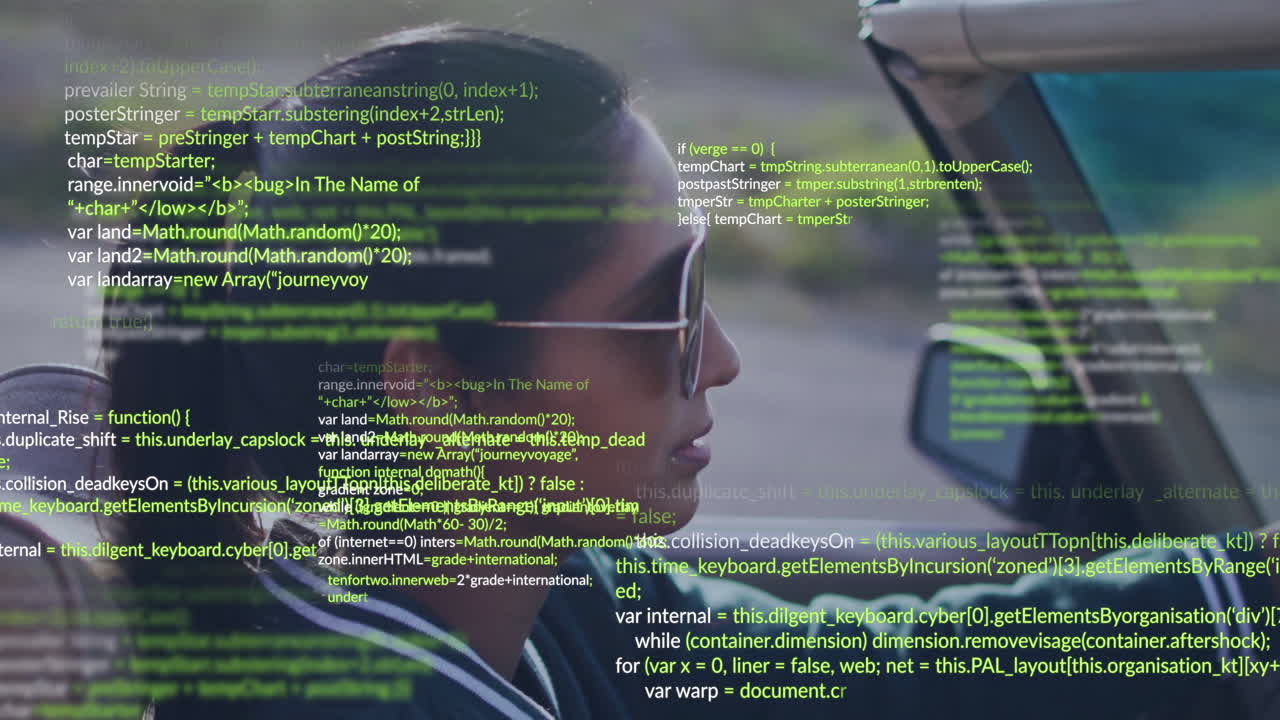 female driver navigating road, with code lines scrolling over windshield, illustrating auto tech