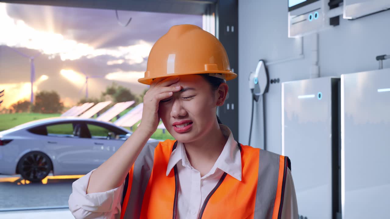 Close Up Of Asian Female Engineer With Safety Helmet Having A Headache While Working With Home Energy Storage System In a Modern Garage